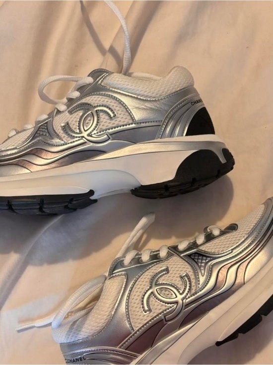 CHANEL Shoes - CHANEL Silver and White Chunky Logo Sneakers